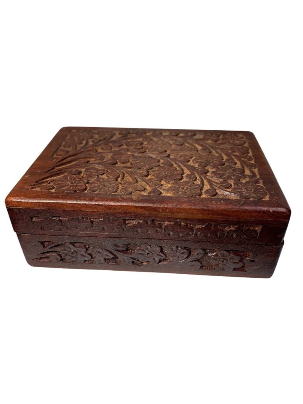 Hand Carved Wooden Box India Floral Leaf Design Rectangular Jewelry Trinket 7x5"